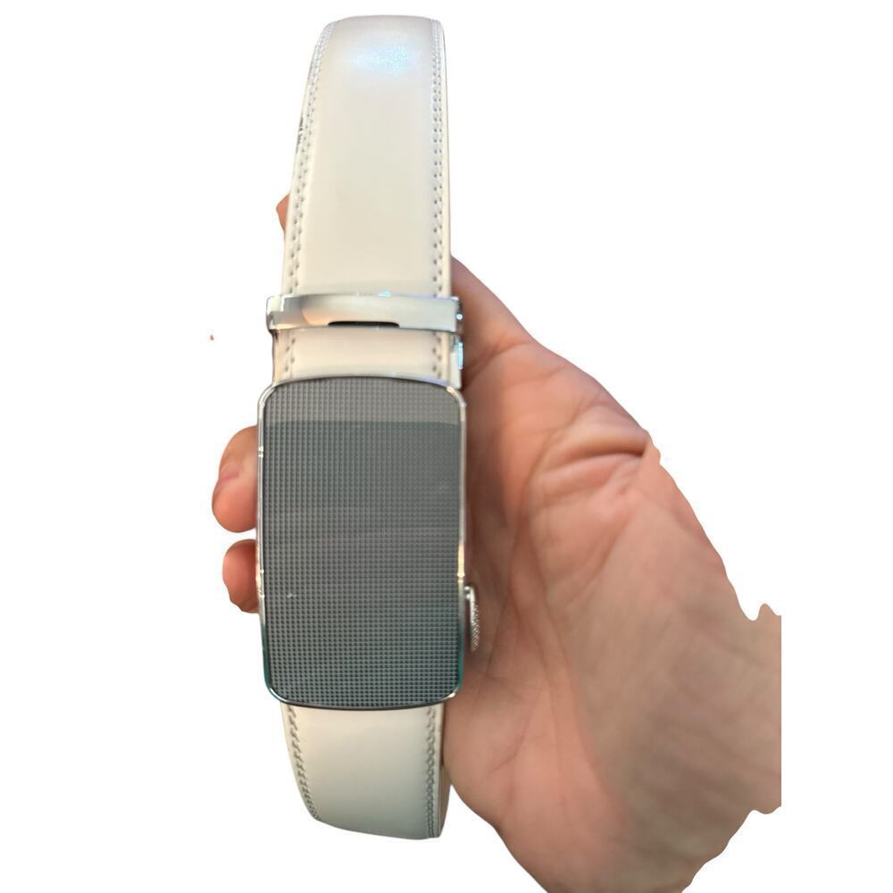 Bulliant Men's White Leather Ratchet Sliding Adjustable Belt Size 32